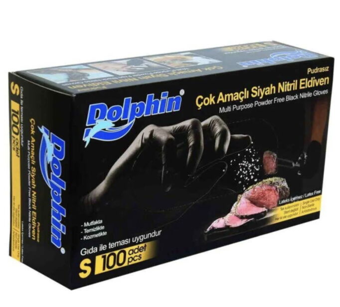 Dolphin Nitril Eldiven Pudrasız Siyah S Beden 100'lü X 1 Adet