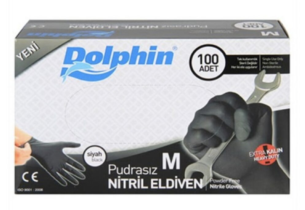 Dolphin Nitril Eldiven Pudrasız Siyah M Beden 100'lü X 1 Adet