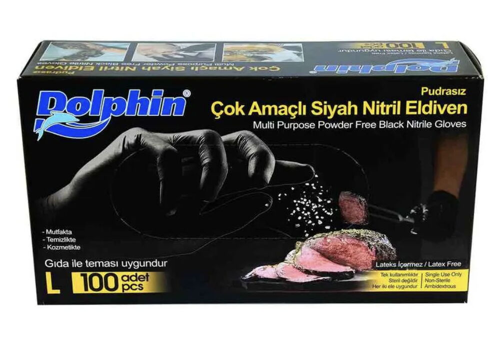 Dolphin Nitril Eldiven Pudrasız Siyah L Beden 100'lü X 1 Adet