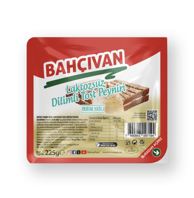 Bahçıvan Tost Peyniri Yarım Yağlı Laktozsuz Dilimli 225 Gr X 8 Adet